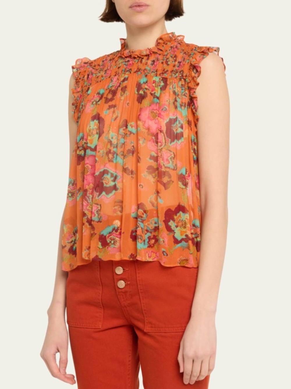 Ulla Johnson Georgina Top Begonia Orange Floral Ruffled Sleeveless Blouse Size 4